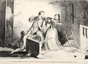 Tavle VI, Fryktefulle krangler og brutal vold er de naturlige konsekvensene av den hyppige bruken av flasken, Tavle IV fra «Drunkardens barn», utgitt 1848 (s/h-gravering) av George Cruikshank