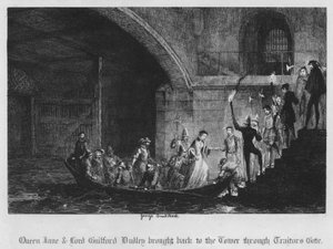 Dronning Jane og Lord Guilford Dudley brakt tilbake til tårnet gjennom Traitors Gate (gravering) av George Cruikshank