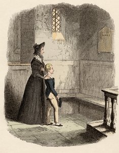 Rose Maylie og Oliver foran minnetavlen til Agnes, deres søster og mor - Rose Maylie og Oliver - Illustrasjon for "" Oliver Twist"" (Olivier) (The Adventures of Oliver Twist) av Charles Dickens (1812-1870), av George Cruikshank (179 av George Cruikshank