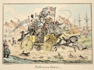 Sailors on a Cruise, fra Greenwich Hospital, en serie marineskisser, Descriptive of a Life of a Man-of-Wars Man, pub. 1826 (håndfarget gravering) av George Cruikshank