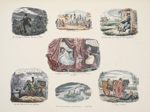 Serie med illustrasjoner om fordeler og mangler ved å ha et treben, pub. 1828 (håndfarget gravering) av George Cruikshank