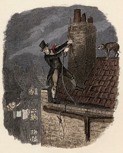 Sikes, etterfulgt av hunden hans, prøver å rømme - Den siste sjansen - Illustrasjon for "" Oliver Twist"" (Olivier) (The Adventures of Oliver Twist) av Charles Dickens (1812-1870), av George Cruikshank (1792-1878) . av George Cruikshank