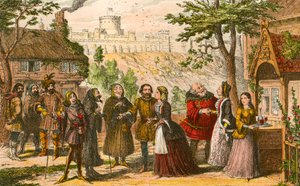 Sir John Falstaff på besøk hos sin venn Page, i Windsor av George Cruikshank