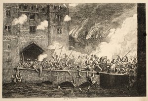 Sir Thomas Wyatt angriper By Ward Tower fra Tower of London, pub. 1840 av George Cruikshank