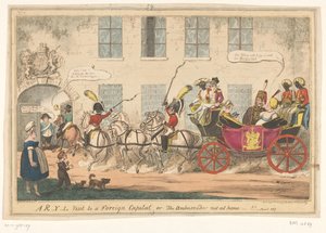 Spotprent op prinses Caroline, 1817 Et RYL-besøk i en utenlandsk hovedstad eller, ambassadøren ikke hjemme-!! (tittel på objekt) av George Cruikshank