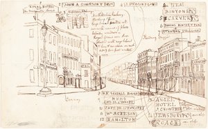 Gateperspektiv med forretningssteder merket av George Cruikshank