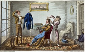 Skredder og frisør hjemme - i "" Life in Paris"" av David Carey, syk. av George Cruikshank, red. Fairburn, London av George Cruikshank