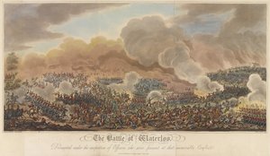 Slaget ved Waterloo, fra 'An Historical Account of the Battle of Waterloo', 1817 (farget akvatint) av George Cruikshank
