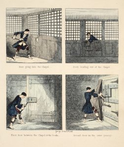 The Escape No. 2, illustrasjon fra Jack Sheppard: A Romance av William Harrison Ainsworth, pub. 1839 (håndfarget gravering) av George Cruikshank