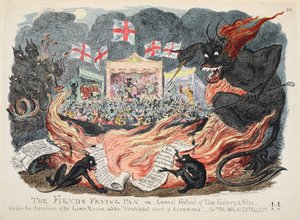The Fiends Frying Pan eller Annual Festival of Tom Foolery & Vice, pub. 1832 (håndfarget gravering) av George Cruikshank