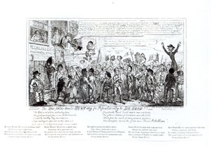 The Spa Fields Orator Hunt-ing for Popularity to Do-Good!!, pub. av J. Sidebotham, 1817 av George Cruikshank