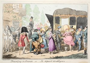 Reiser i Frankrike eller Le Depart de la Diligence, pub. 1835 (håndfarget etsning) av George Cruikshank