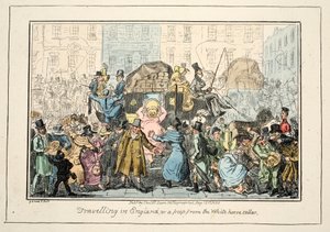 På reise i England - eller et pip fra White Horse Cellar, pub. 1835 (håndfarget gravering) av George Cruikshank