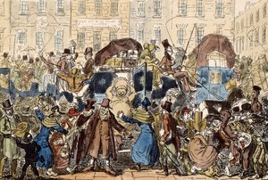 Reiser i England, eller et pip fra den hvite hestekjelleren, 1819 (håndfarget etsning) av George Cruikshank