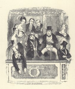 Viktorianske teatergjengere hoper seg inn i en boks på et teater i London (gravering) av George Cruikshank