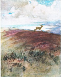 Luften var nær og tung da han galopperte ned fra ryggen (farge litho)
