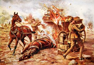 Fungerende Bombardier H.A. Creasey hjelper til med å losse en brennende ammunisjonsvogn under veldig kraftig granatild av George Derville Rowlandson
