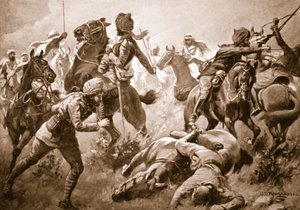 Risaldar Santa Singh, Dafadar Bisham Singh og Sowar Buda Singh bryter gjennom arabernes rekker til hjelp fra kaptein Willoughby av George Derville Rowlandson