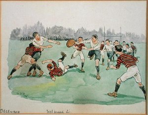 Desember måned: Rugby (penn og blekk og akvarell på papir)