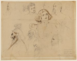 Grov skisse for noen av karakterene i Trilby, inkludert Trilby og Svengali (blyant, penn og blekk på papir) av George du Maurier