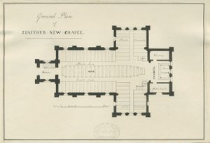 Stafford - Grunnplan for Christ Church: penn- og blekktegning, nd [c 1838] (tegning) av George E. Hamilton