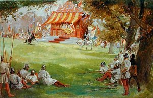 A Jousting Tournament, fra Sir Nigel and the White Company av Sir Arthur Conan Doyles (1859-1930) (olje på lerret lagt ned om bord) (se også 140868) av George Edmund Butler