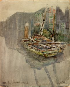 Ålbåter i en kanal i Dordrecht, Holland (kull og akvarell på papir limt på kort)