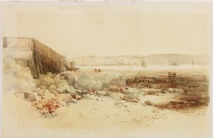 Havnescene (blyant og akvarell på papir limt på kort) av George Edward Horton