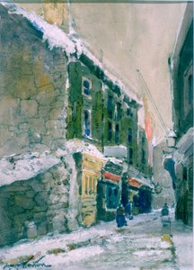 Winter, Clive Street, North Shields (kull og akvarell på papir limt på kort)
