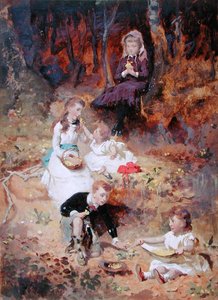 Fem barn som leker i skogen (olje på kort) av George Elgar Hicks