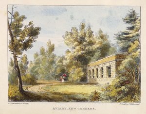 Aviary, Kew Gardens, plate 10 fra Kew Gardens: A Series of Twenty-Four Drawings on Stone, gravert av Charles Hullmandel (1789-1850) utgitt 1820 (håndfarget lito)