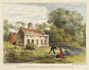 Remains of Kew Palace from the Gardens, plate 6 fra Kew Gardens: A Series of Twenty-Four Drawings on Stone, gravert av Charles Hullmandel (1789-1850) utgitt 1820 (håndkolorert litho)