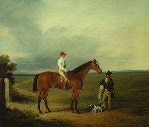 En veddeløpshest med jockey, trener og spaniel (olje på lerret) av George Fenn