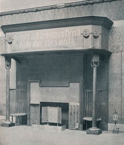 Peis designet av C. Harrison Townsend med utskjæring designet og utført av George Frampton, Kunstnere: George Frampton, Charles Harrison Townsend. av Charles Harrison Townsend