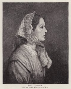 Portrett av Emily Tennyson, Lady Tennyson, kone til den engelske poetprisvinneren Alfred, Lord Tennyson (litho) av George Frederick (after) Watts