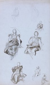 Studier av en sittende figur med en bok (penn & brunt blekk og grafitt på blått papir) av George Frederick Watts