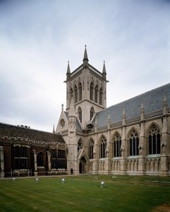 Gotisk kunst: utsikt over Saint John College grunnlagt i 1511 av grevinnen av Richmond. Kapellet ble bygget i 1864 på et prosjekt av Sir George Gilbert Scoot. University of Cambridge, England