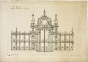 New College Oxford: Foreslåtte porter og rekkverk for inngang til hage av George Gilbert Scott