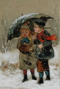 Barn som leker i snøen (wc forhøyet med hvitt på papir) (se 224241 for par) av George Goodwin Kilburne