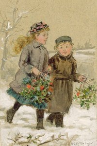 Barn som leker i snøen - samler kristtorn (wc forhøyet med hvitt på papir) (se 224240 for par) av George Goodwin Kilburne