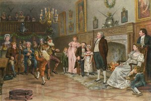 Interiør i Squires Ancestral Hall: Country Mummers Giving a Christmas Entertainment av George Goodwin Kilburne