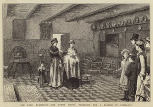Paris-utstillingen, det nederlandske huset, forbereder seg til en dåp i Friesland av George Goodwin Kilburne