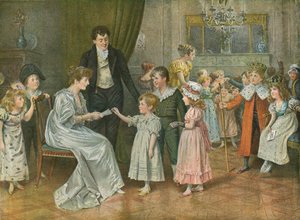 Tolvte natt: Barnefesten. Trekning om tolvte-natt-karakterer av George Goodwin Kilburne