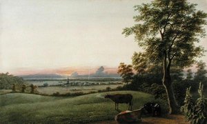 Sunrise - Flatbush and the Ocean fra Greenwood Cemetery, Long Island, New York, ca. 1830-40 (akvarell, gouache og grafitt på papir)