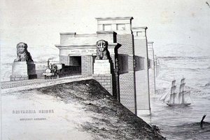 Britannia Bridge, Anglesey Entrance, gravert av kunstneren, pub. 1849 (litho) (for farge se 122445)