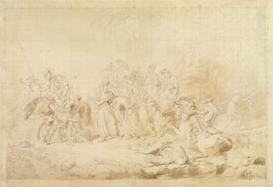 Banditti fra Kurdistan hjelper georgiere med å overraske og bortføre sirkassiske kvinner ca. 1827-28 (penn og brunt blekk på vevd papir) av George Hayter