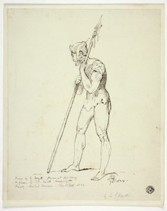 Stående mann i rustning holder lanse av George Hayter