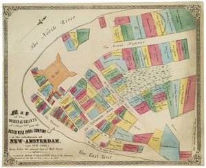 Kart over de opprinnelige tilskuddene til landsbytomter fra det nederlandske vestindiske kompaniet til innbyggerne i New-Amsterdam (nå New-York) som ligger under den nåværende linjen til Wall Street, 1857 (svart blekk, med farge