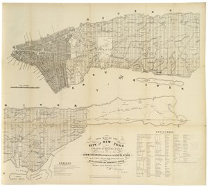 Dette kartet over City of New York og Island of Manhattan som lagt ut av kommissærene utnevnt av lovgiveren. . ., 1853 (svart blekk på papir)