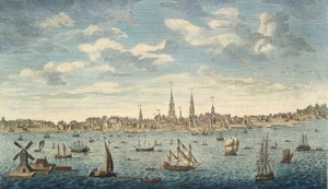 En østlig utsikt over byen Philadelphia, i provinsen Pennsylvania, i Nord-Amerika: hentet fra Jersey Shore, pub. London, 1774 (håndfarget gravering) av George Heap